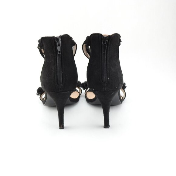 Black Strappy 4" Heels Faux Suede Flower Accents 3 Straps Heel - Picture 8 of 14